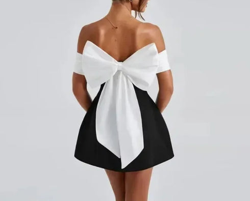 Satin Mini Dress for Women with Big Bow and Backless Design